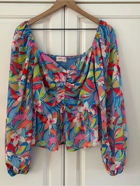Almost Pink Small Vibrant Floral Cinched Top